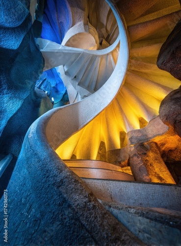 A winding, illuminated staircase curves upwards, showcasing architectural detail and colorful lighting