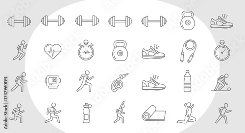 Collection of Fitness and Exercise Icons, Ideal for Health and Wellness Visuals, Perfect for Workouts, Sports, and Active Lifestyle Websites
