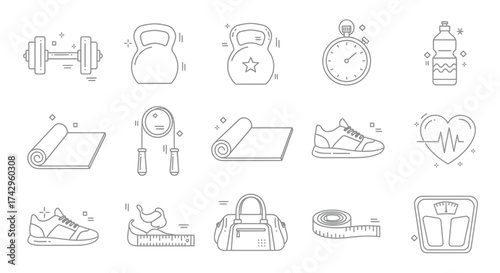 Fitness and Workout Essentials A Collection of Vector Illustrations Representing Gym Equipment, Exercise Gear, and Wellness Icons for a Healthy Lifestyle