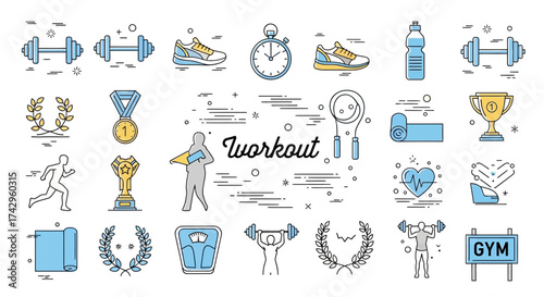 Collection of outline icons related to workout, fitness, and healthy lifestyle, including exercise equipment, sports gear, and motivational elements