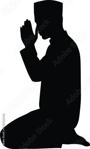 Muslim man silhouette praying kneeling devotion islamic faith sacred worship spiritual connection vector