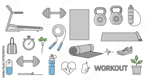 Collection of workout equipment and icons treadmill, dumbbells, kettlebells, yoga mat, jump rope, and more, perfect for fitness and wellness concepts