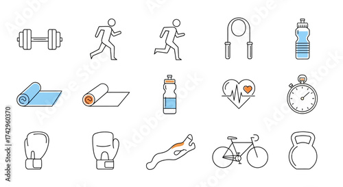 Essential fitness and exercise icons set dumbbell, running man, jump rope, water bottle, mat, boxing gloves, bicycle, heart, stopwatch