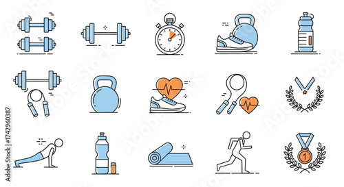 Collection of fitness and exercise icons with various sports equipment for a healthy lifestyle and physical activity in the gym