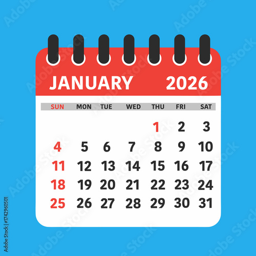 Calendar Leaf Minimalist Calendar Vector Illustration for January 2026 in Bright Blue and Red Colors