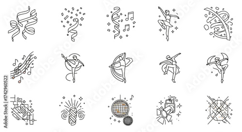 Collection of Elegant Line Art Dance Elements and Festive Decorations Perfect for Music-Themed Celebrations and Parties