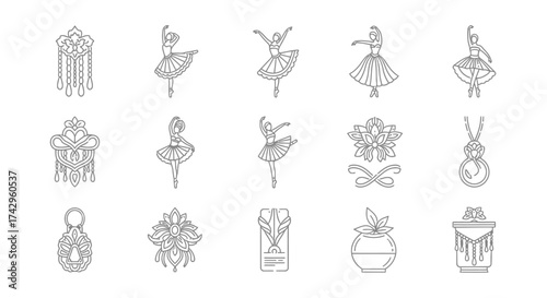 Elegant Black and White Vector Illustrations Graceful Ballerinas, Floral Designs, and Intricate Jewelry for Creative Projects