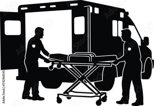 Ambulance crew transporting patient on stretcher emergency medical services scene vector