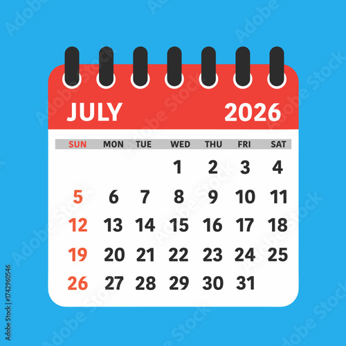 Calendar Leaf Vector Calendar Illustration for July 2026 with Modern Flat Design and Blue Background