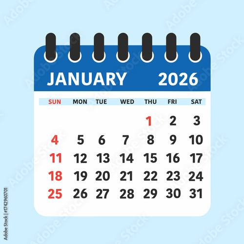 Calendar Leaf Vector Calendar Icon with January 2026 Design in Minimalist Style