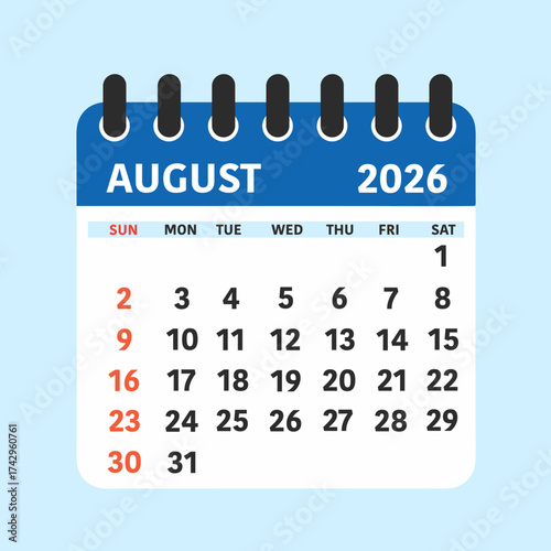 August 2026 Calendar Leaf. Modern Vector Calendar Icon with August 2026 Dates in Blue and Red Colors