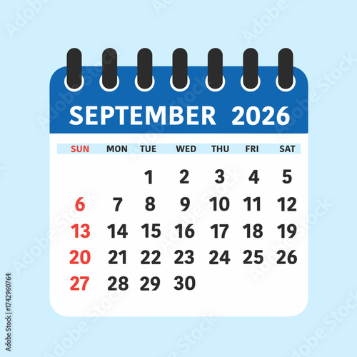September 2026 Calendar Leaf. Vector Calendar Illustration for September 2026 with Blue Spiked Top Design and Date Grid