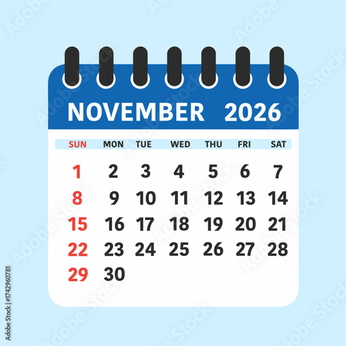 November 2026 Calendar Leaf. Vector Calendar Illustration for November 2026 with Blue Top and Red Date Highlights in Modern Flat Style