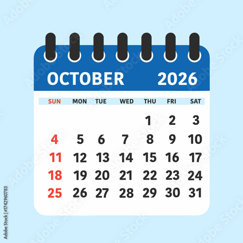 October 2026 Calendar Leaf. Vector Calendar Illustration for October 2026 with Minimalist Design and Blue Color Scheme