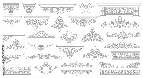 Intricate Ornamental Design Elements Collection A Detailed Array of Architectural and Decorative Motifs, Perfect for Creative Projects