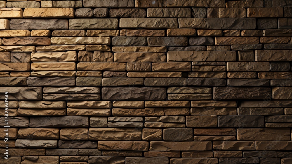 Fototapeta premium Textured stone wall with warm lighting effects.