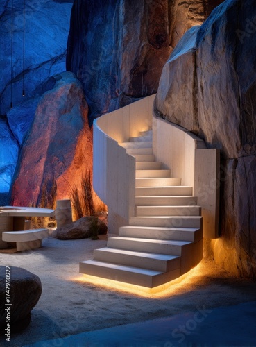 Interior scene a modern, minimalist staircase ascending within a naturalistic cave-like setting
