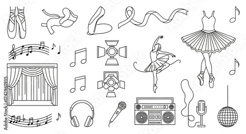 Ballet and Performing Arts Icon Collection A Collection of Dance, Music, and Theatrical Elements, Illustrated with Grace