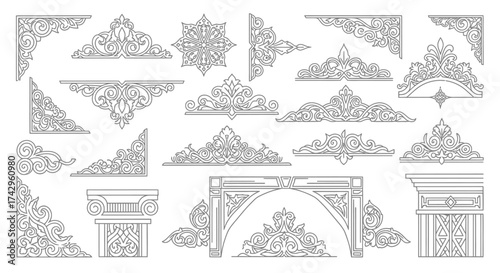 Ornamental Architectural Design Elements in Vector Corner Designs, Frames, and Decorative Borders for Vintage Style and Classic Aesthetic