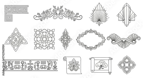 Collection of intricate vector designs, decorative elements, and ornamental patterns for creative projects, adding elegance and vintage style