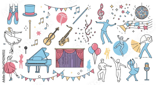 Elegant dance and music icons with a touch of party elements, perfect for artistic or celebratory designs, including ballet, music and events