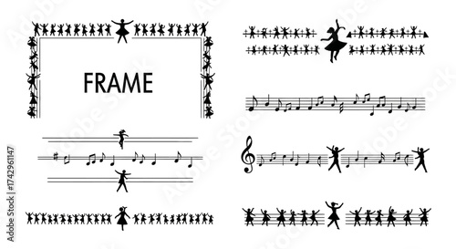 Elegant Black and White Frame with Musical Notes, Dancing Figures, and Decorative Elements for Design and Creative Projects