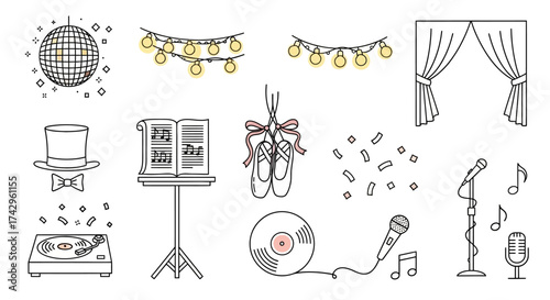 Collection of Elegant Theatrical Elements in Black and White Disco Ball, Lights, Hat, Music Stand, Ballet Slippers, Confetti, Turntable, Microphone, and Curtains
