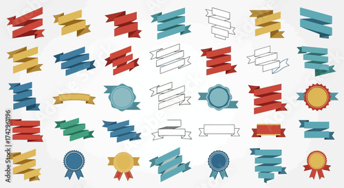 A diverse collection of colorful ribbon banners and badges, ideal for graphic design, website elements, and festive decorations