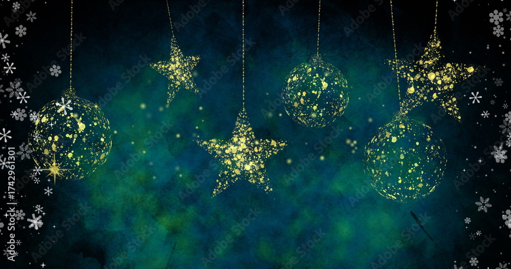 Fototapeta premium Hanging stars and ornaments with glitter over snowflakes image on dark background