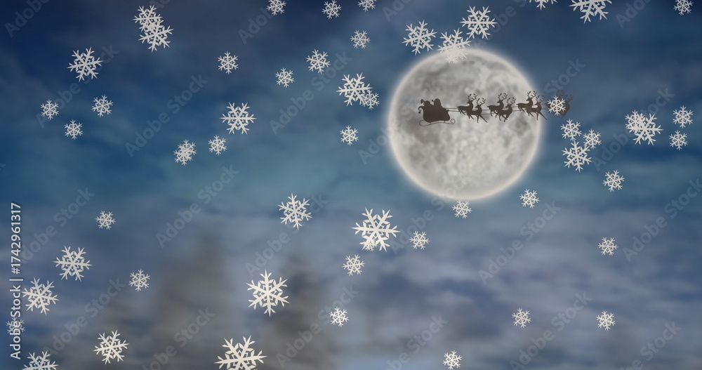 Naklejka premium Image of snow falling over santa claus in sleigh with reindeer on sky over moon
