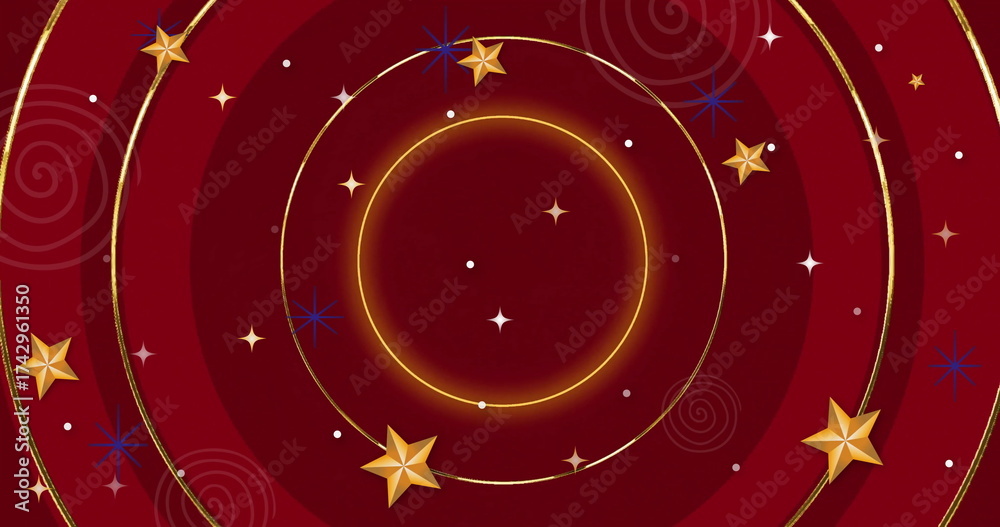 Fototapeta premium Image of stars and snowflakes over neon circles