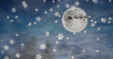 Image of snow falling over santa claus in sleigh with reindeer on sky over moon