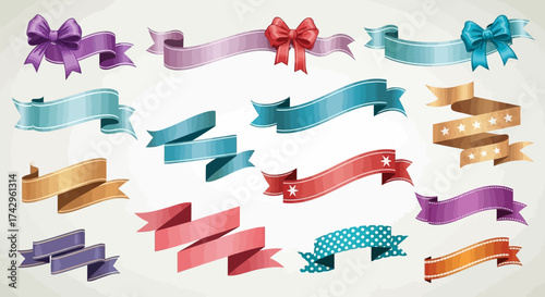 Colorful Ribbon Banners Collection Vector illustrations of elegant ribbons, bows, and decorative elements for design projects, adding a touch of flair