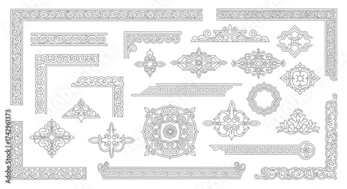 Collection of intricate decorative elements, corners, and frames, with detailed patterns. Perfect for elegant design and enhancing visual appeal for various design projects