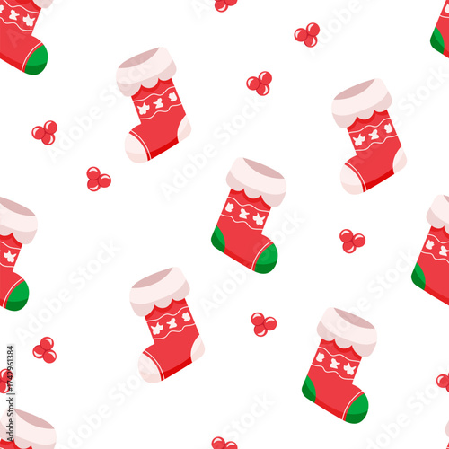Festive seamless pattern with red Christmas socks and berries, ideal for wrapping paper, textiles, greeting cards and holiday decorations