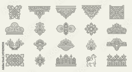 Set of ornamental design elements with intricate patterns, ideal for creating vintage style designs and embellishments for various creative projects