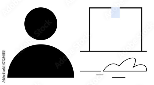 Simplistic black figure, outlined cloud, and box reinforce concepts of identity, delivery, communication. Ideal for technology, mail services, social connection, logistics minimalism branding