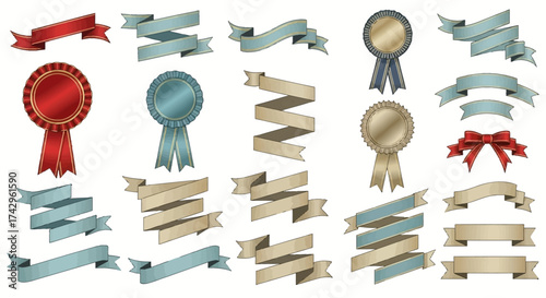 Collection of various ribbon banners, award ribbons, and decorative elements for design, perfect for adding a touch of elegance and style