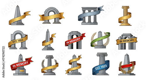 Elegant Memorial Icons Commemorating Memories with Classic Architectural Designs, Ribbons, and Timeless Symbols for Remembrance