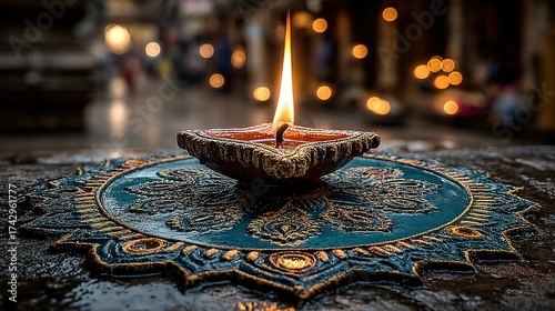 Lit diya lamp on ornate surface in a blurred indoor setting.