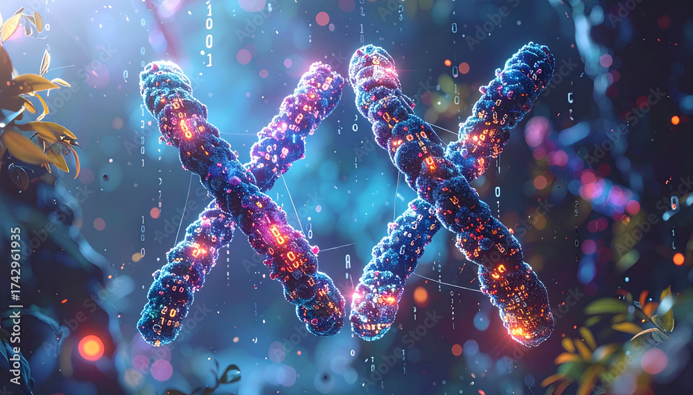 Fototapeta premium Digital illustration of chromosome pairs with binary data overlay, concept of genetic