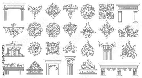 Architectural Ornament Collection Diverse Vector Designs for Elegant Decoration and Creative Projects. Featuring intricate symmetrical patterns and classic decorative elements
