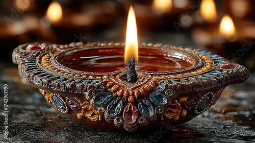 Lit diya lamp glows with warm light in a festive setting.