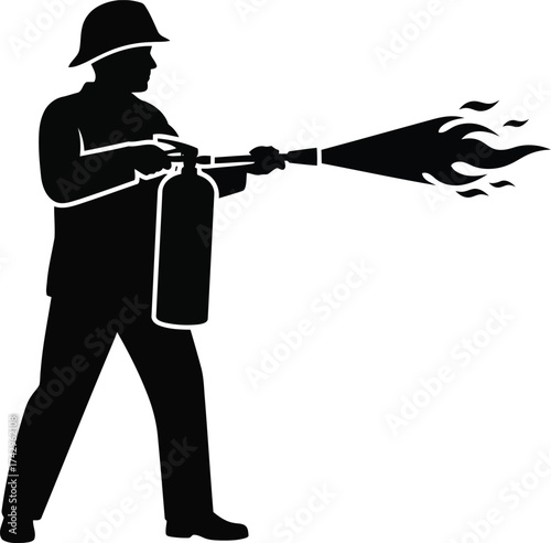 Firefighter silhouette spraying water extinguisher fighting wildfire danger emergency safety concept vector