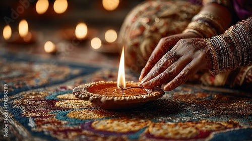Hands light a diya on a patterned surface with other diyas in background.