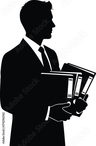 Silhouette businessman carrying files documents binders office work professional career success concept vector