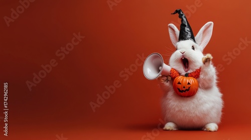 A fluffy white bunny wearing a witch hat and pumpkin necklace shouts into a speaker on a dark orange background with space for text.
