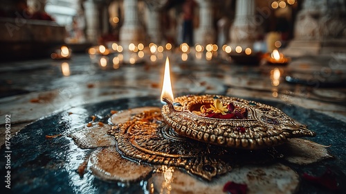 Lit diya lamp with flowers on a reflective surface in temple setting.