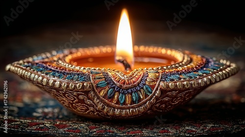 Lit candle in decorative bowl with egyptian style designs on a dark background.