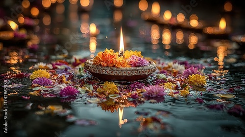 Lit candle in bowl surrounded by colorful flower petals in dark setting.